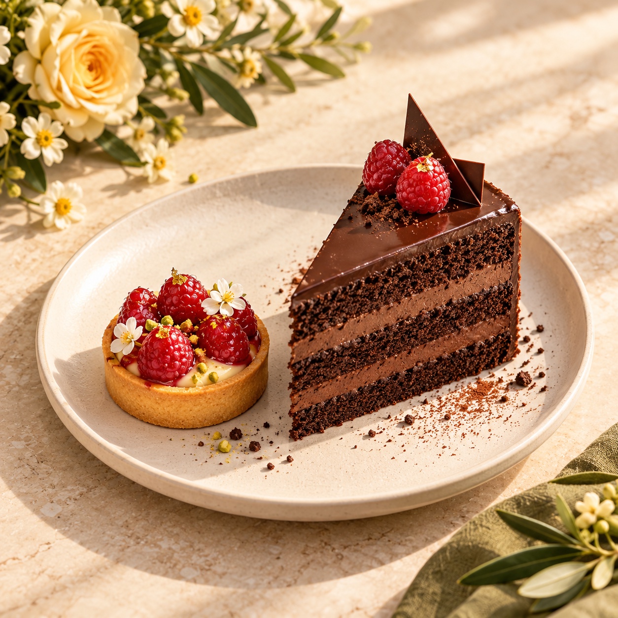قطعة كيك شوكولاتة بطبقات غنيّة وتارت توت صغير على طبق كريمي